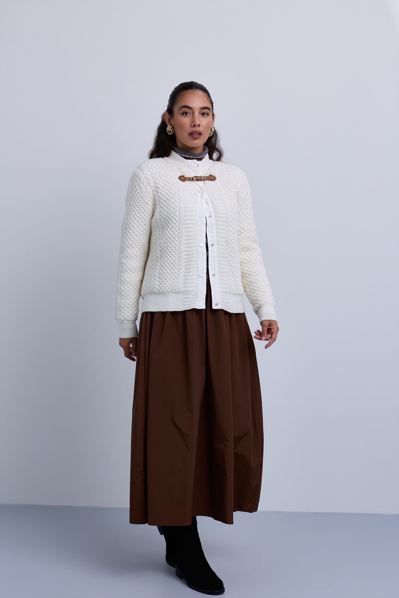 Cable Knit Snap Front Bomber Jacket with Contrast Leather Closure