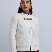 Cable Knit Snap Front Bomber Jacket with Contrast Leather Closure