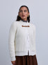 Cable Knit Snap Front Bomber Jacket with Contrast Leather Closure - Ecru
