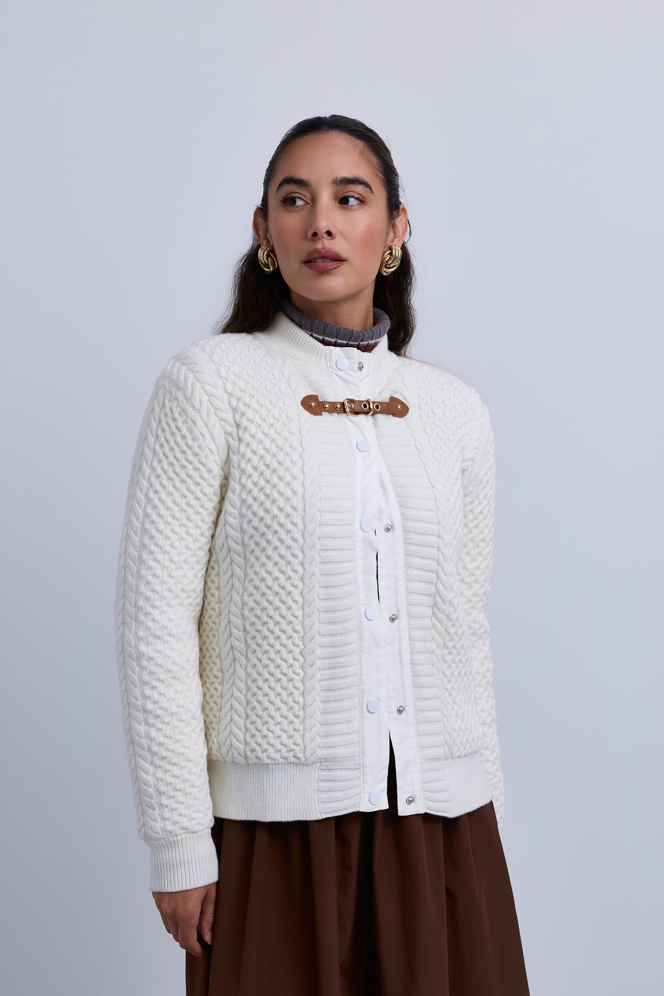 Cable Knit Snap Front Bomber Jacket with Contrast Leather Closure
