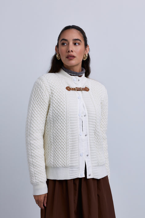 Cable Knit Snap Front Bomber Jacket with Contrast Leather Closure