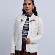 Cable Knit Snap Front Bomber Jacket with Contrast Leather Closure
