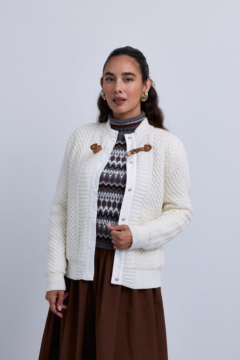 Cable Knit Snap Front Bomber Jacket with Contrast Leather Closure