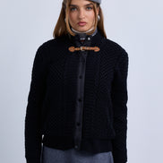 Cable Knit Snap Front Bomber Jacket with Contrast Leather Closure