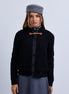 Cable Knit Snap Front Bomber Jacket with Contrast Leather Closure