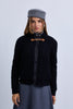 Cable Knit Snap Front Bomber Jacket with Contrast Leather Closure