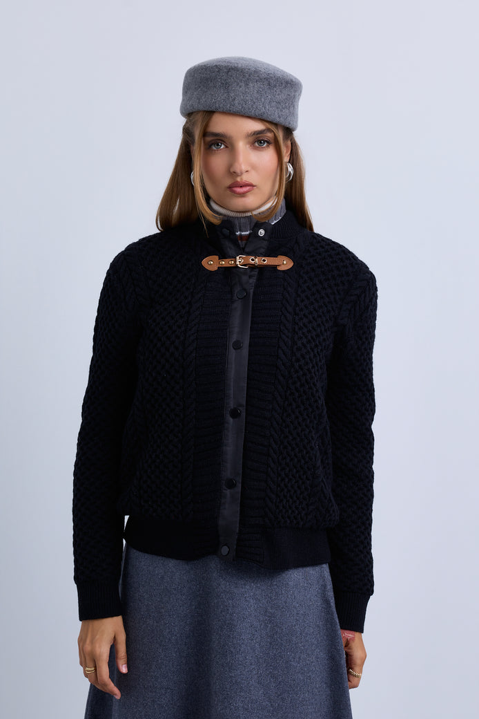 Cable Knit Snap Front Bomber Jacket with Contrast Leather Closure