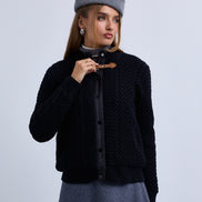 Cable Knit Snap Front Bomber Jacket with Contrast Leather Closure