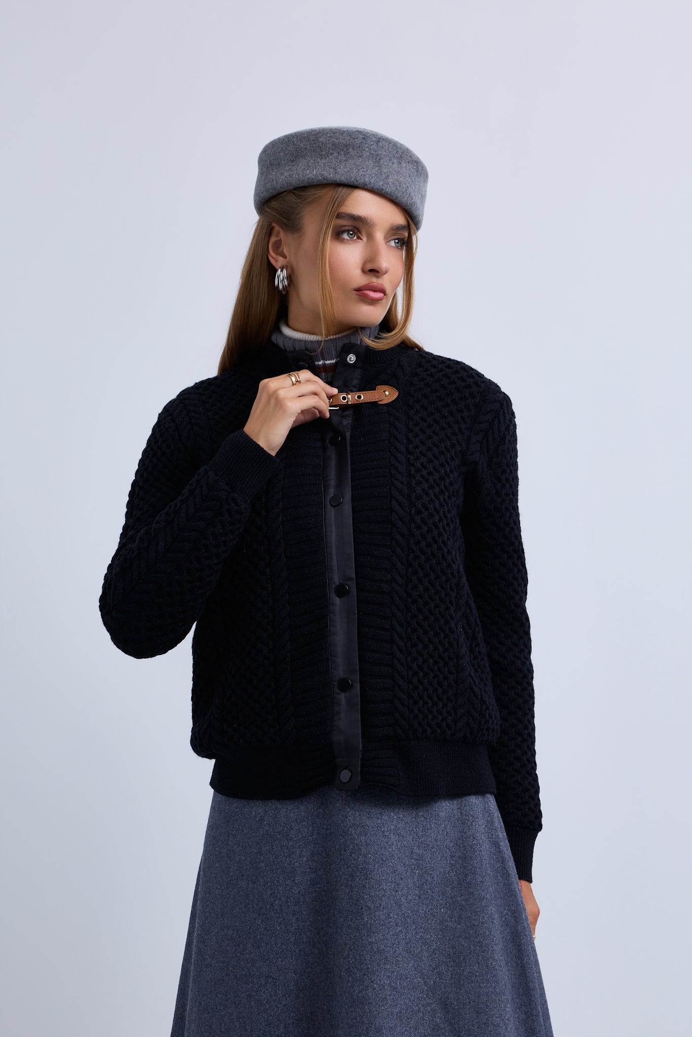 Cable Knit Snap Front Bomber Jacket with Contrast Leather Closure