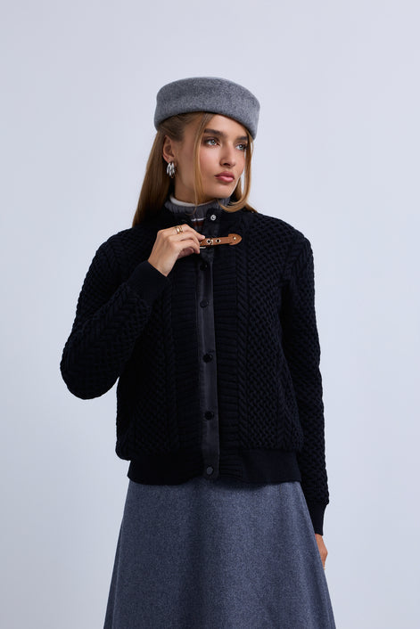 Cable Knit Snap Front Bomber Jacket with Contrast Leather Closure