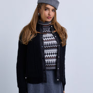 Cable Knit Snap Front Bomber Jacket with Contrast Leather Closure