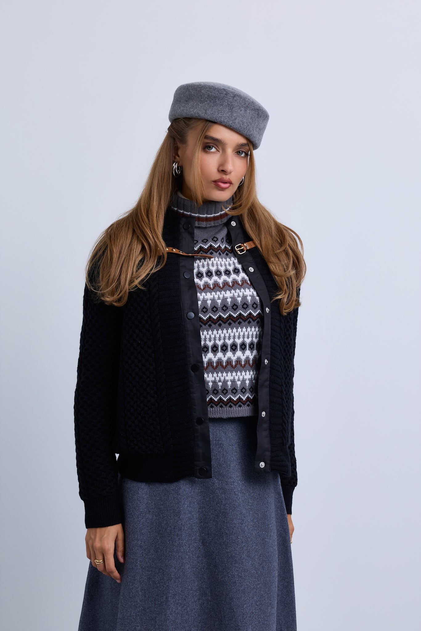 Cable Knit Snap Front Bomber Jacket with Contrast Leather Closure