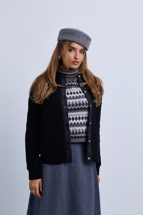 Cable Knit Snap Front Bomber Jacket with Contrast Leather Closure