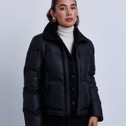 Puffer Jacket with Fold Over Ribbed Knit Collar and Front Panel