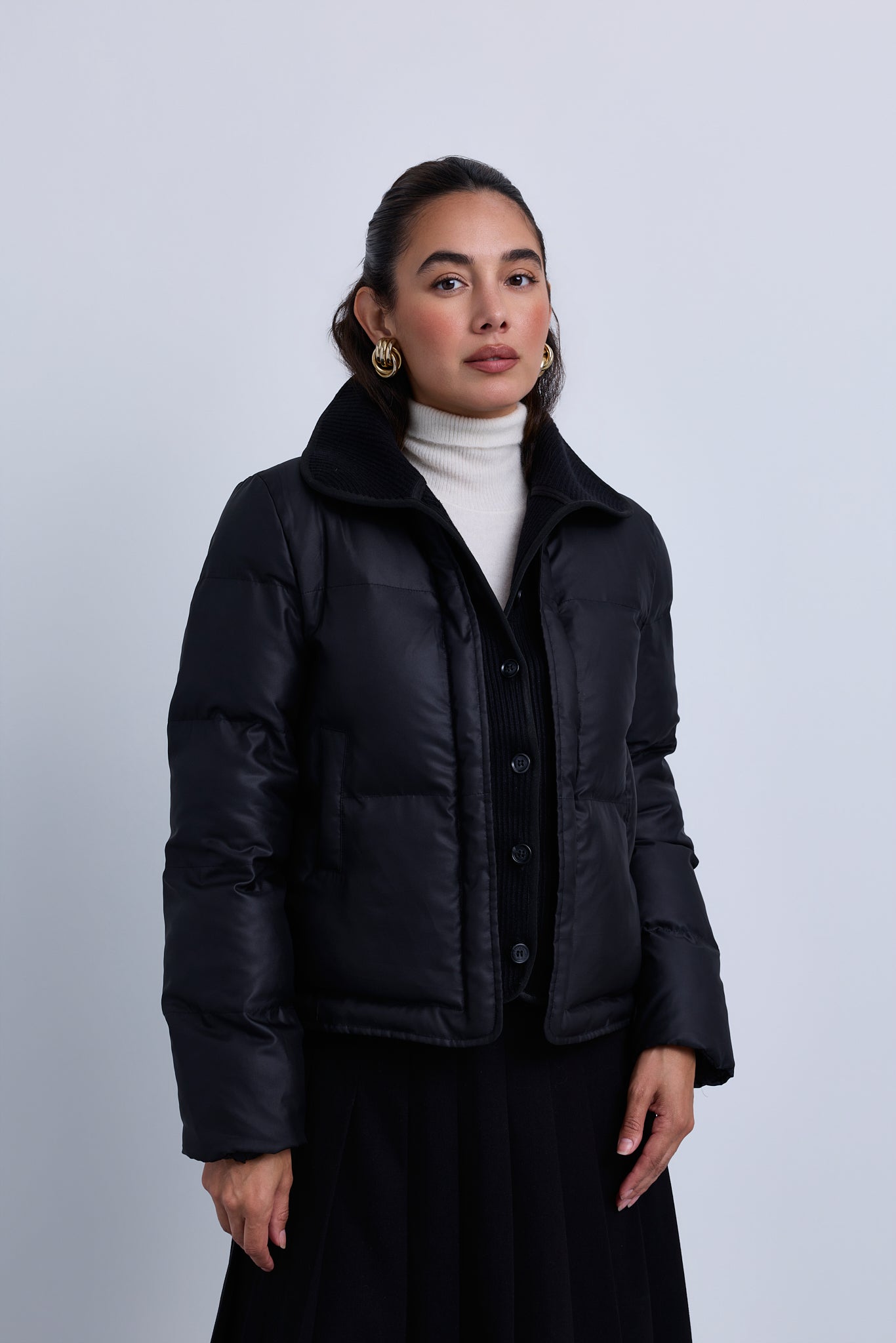 Puffer Jacket with Fold Over Ribbed Knit Collar and Front Panel