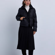 Puffer Jacket with Fold Over Ribbed Knit Collar and Front Panel