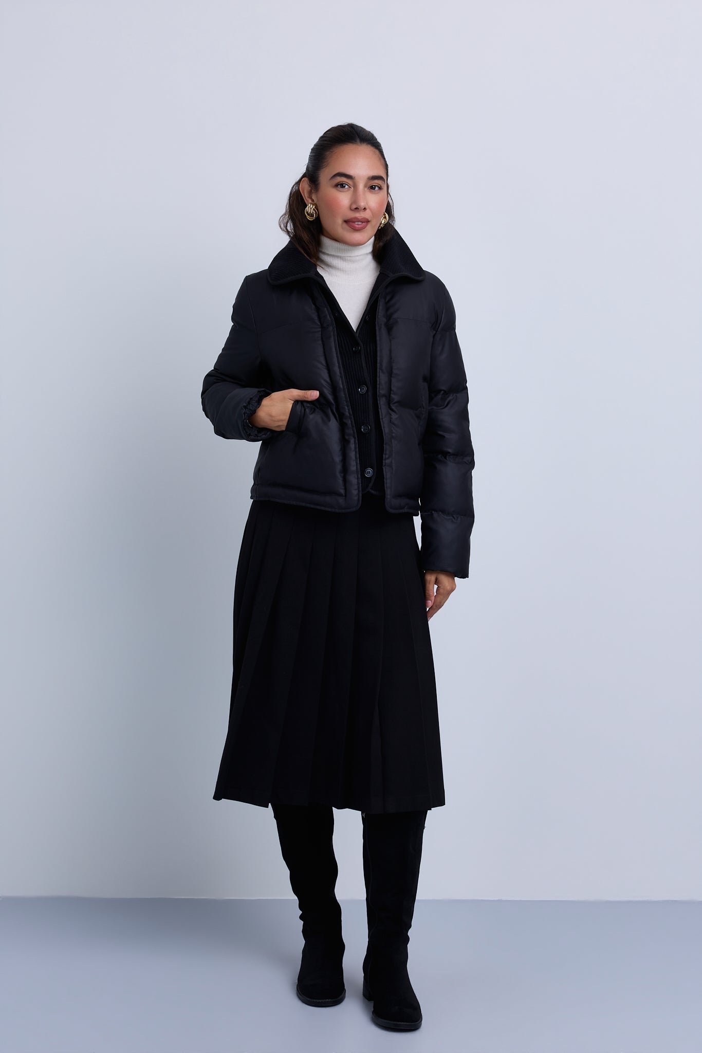 Puffer Jacket with Fold Over Ribbed Knit Collar and Front Panel