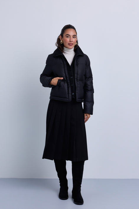 Puffer Jacket with Fold Over Ribbed Knit Collar and Front Panel