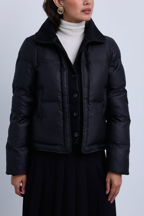 Puffer Jacket with Fold Over Ribbed Knit Collar and Front Panel