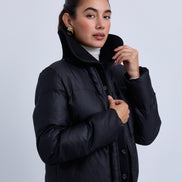 Puffer Jacket with Fold Over Ribbed Knit Collar and Front Panel
