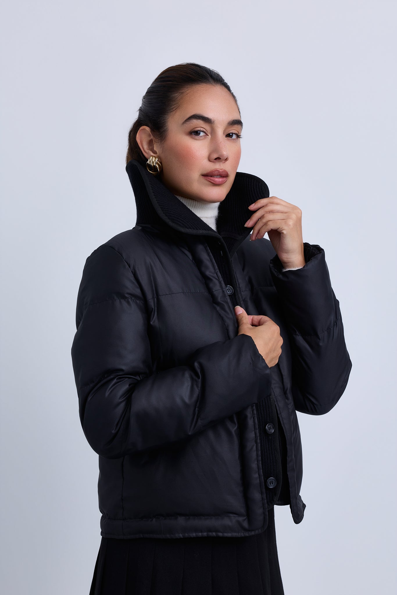 Puffer Jacket with Fold Over Ribbed Knit Collar and Front Panel