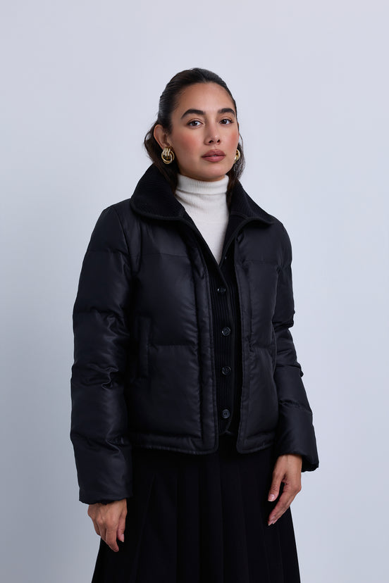 Puffer Jacket with Fold Over Ribbed Knit Collar and Front Panel