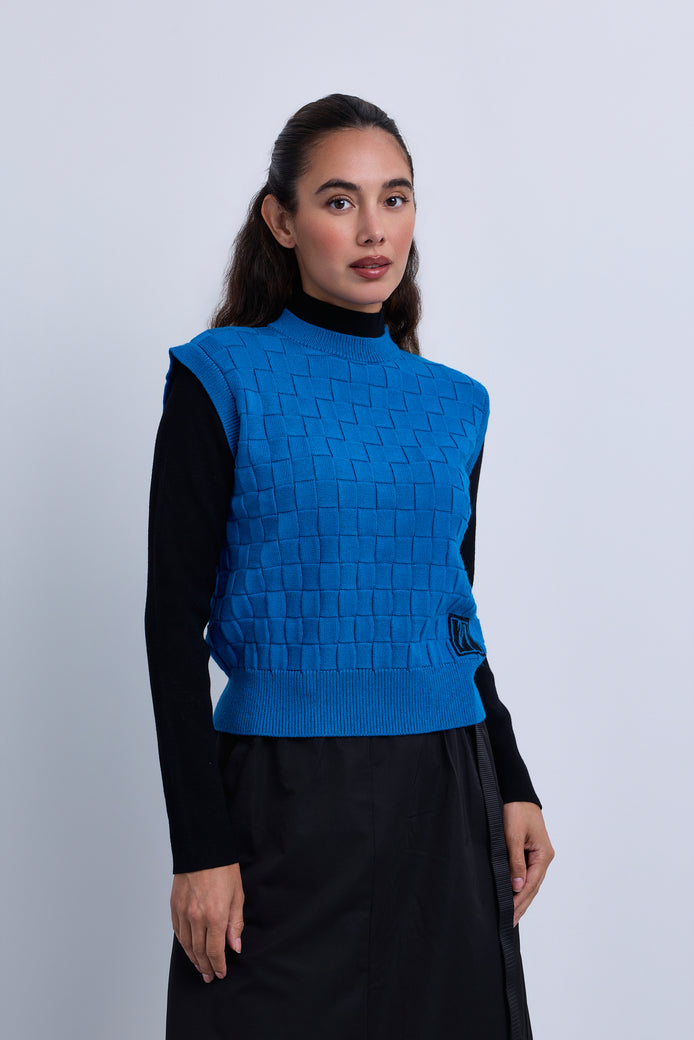 Basket Weave N Logo Tank Top with Attached Sleeves & Hi Neck