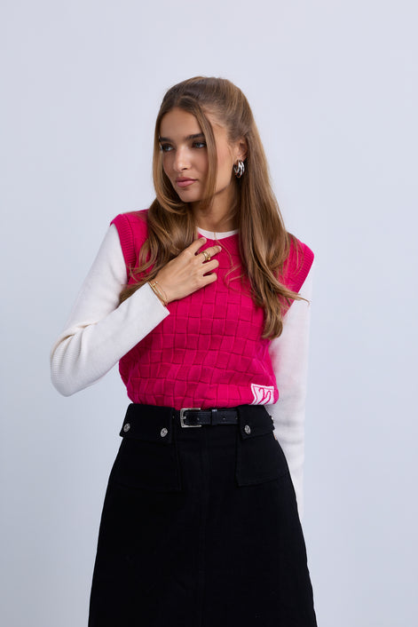 Basket Weave N Logo Tank Top with Attached Sleeves & Hi Neck