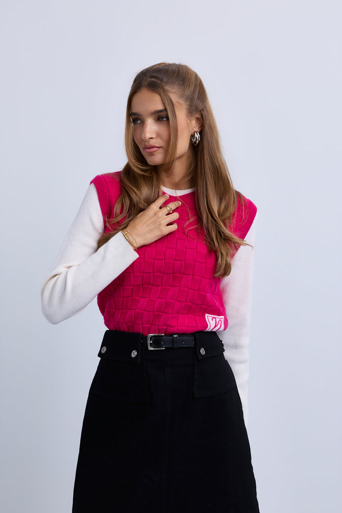 Basket Weave N Logo Tank Top with Attached Sleeves & Hi Neck - Pink Ivory