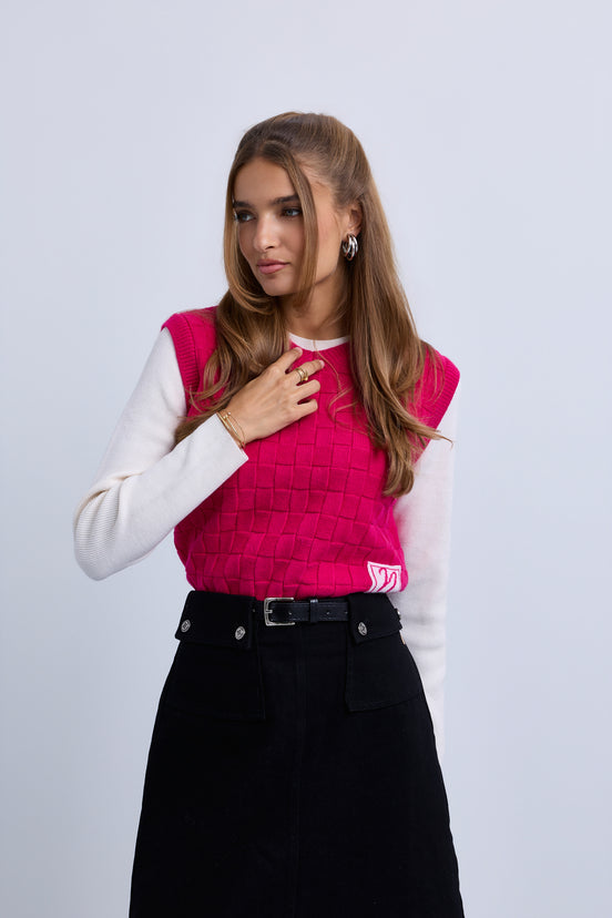 Basket Weave N Logo Tank Top with Attached Sleeves & Hi Neck - Pink Ivory