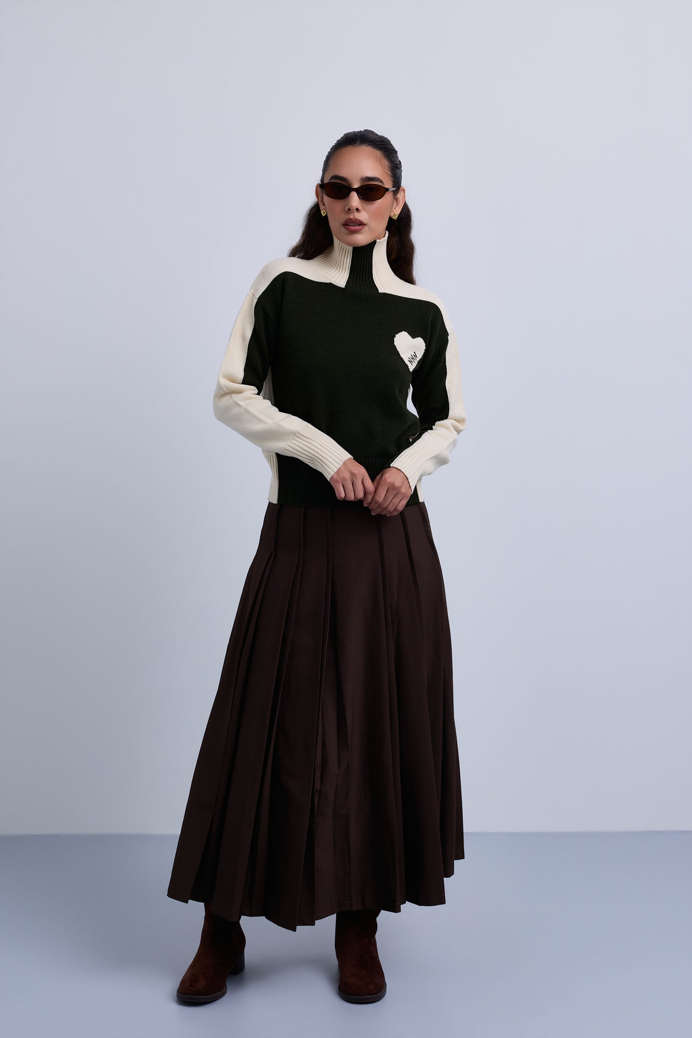 Two Tone High Neck Jumper with Side Chest Heart Design