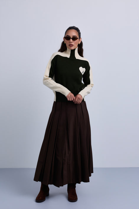Two Tone High Neck Jumper with Side Chest Heart Design