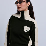 Two Tone High Neck Jumper with Side Chest Heart Design