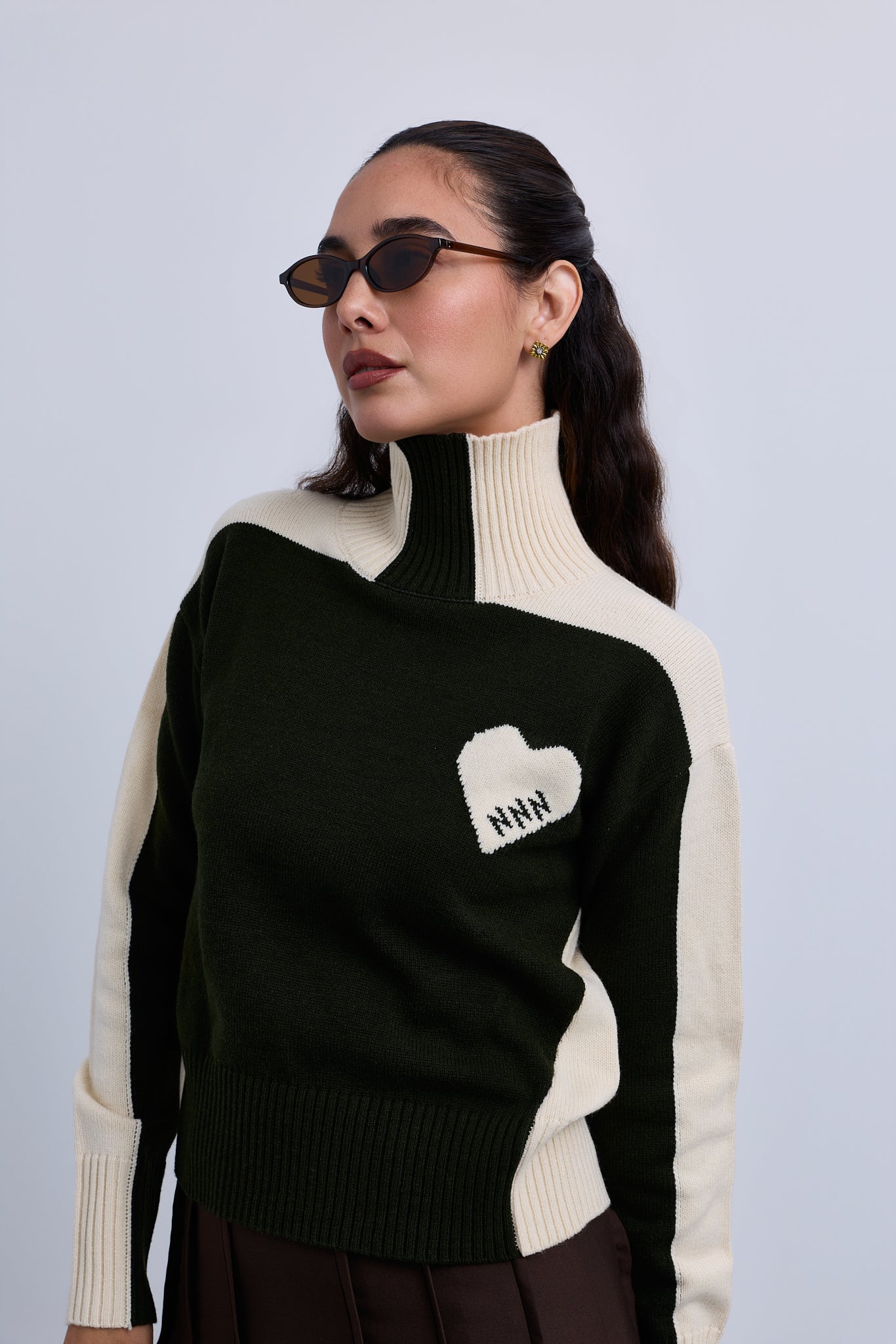 Two Tone High Neck Jumper with Side Chest Heart Design
