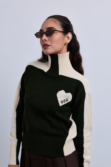 Two Tone High Neck Jumper with Side Chest Heart Design