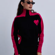 Two Tone High Neck Jumper with Side Chest Heart Design