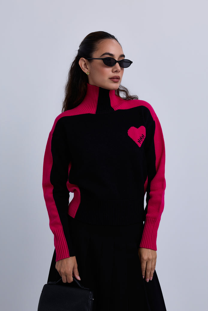 Two Tone High Neck Jumper with Side Chest Heart Design