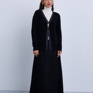 Longer Length Ribbed Knit Cardigan with Leather Piping Gold Hardware Closure