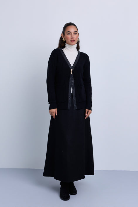 Longer Length Ribbed Knit Cardigan with Leather Piping Gold Hardware Closure
