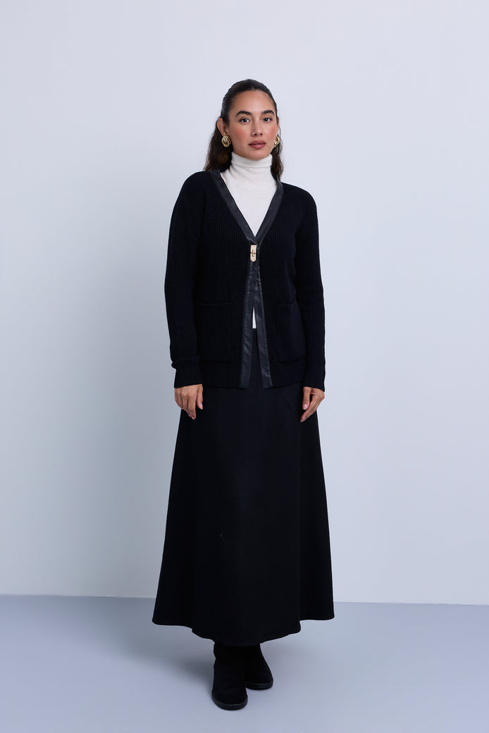Longer Length Ribbed Knit Cardigan with Leather Piping Gold Hardware Closure