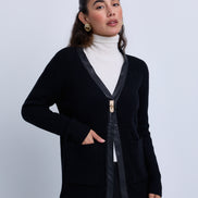 Longer Length Ribbed Knit Cardigan with Leather Piping Gold Hardware Closure