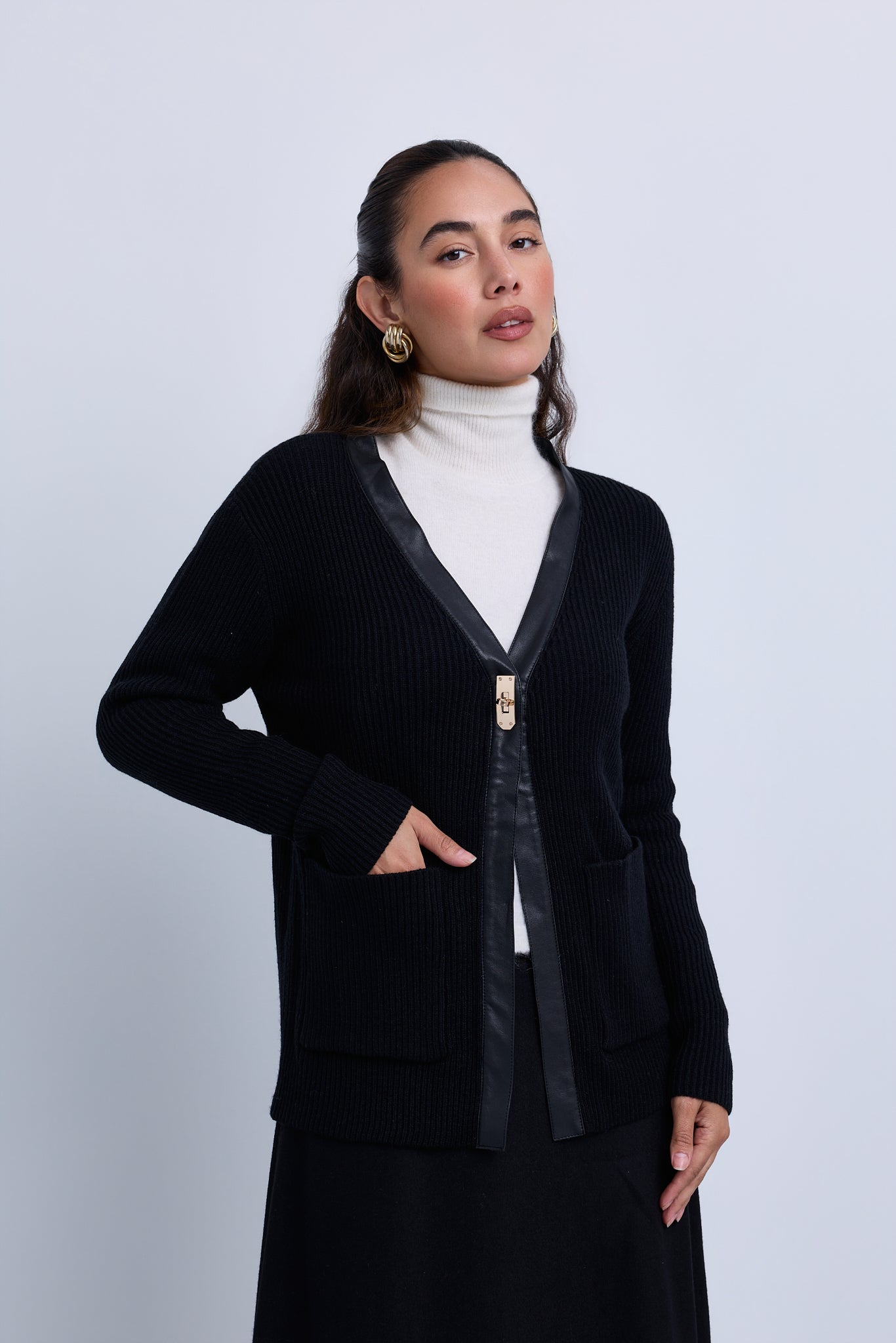 Longer Length Ribbed Knit Cardigan with Leather Piping Gold Hardware Closure