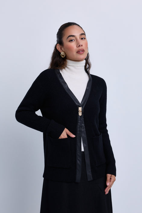 Longer Length Ribbed Knit Cardigan with Leather Piping Gold Hardware Closure