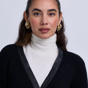 Longer Length Ribbed Knit Cardigan with Leather Piping Gold Hardware Closure