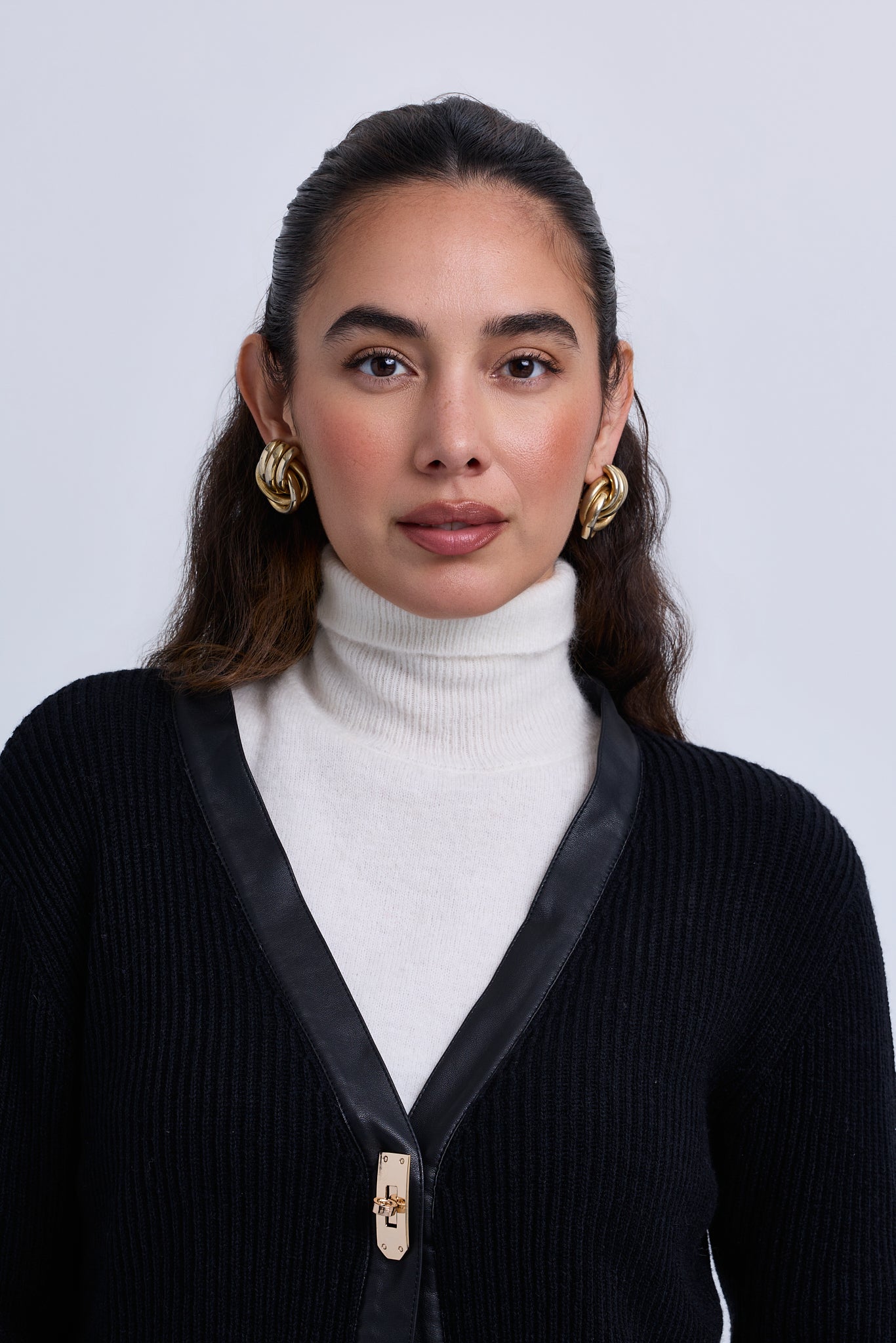 Longer Length Ribbed Knit Cardigan with Leather Piping Gold Hardware Closure