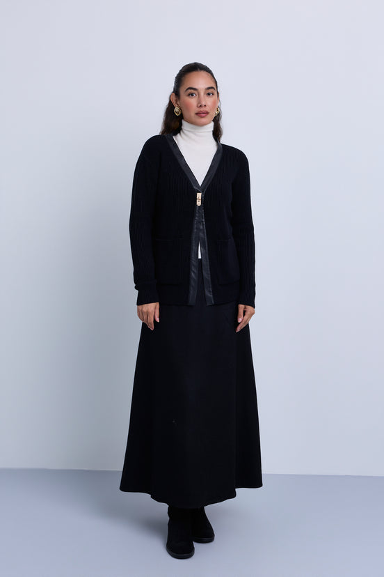 Longer Length Ribbed Knit Cardigan with Leather Piping Gold Hardware Closure