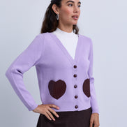 V Neck Button Front Cardigan with Weaved Heart Pockets