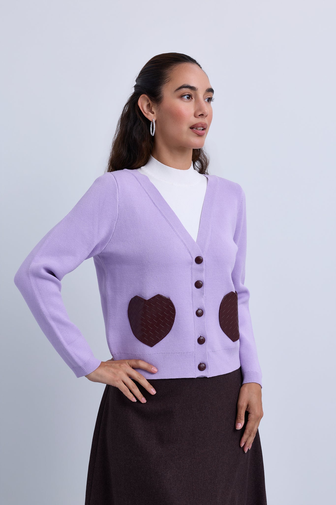 V Neck Button Front Cardigan with Weaved Heart Pockets