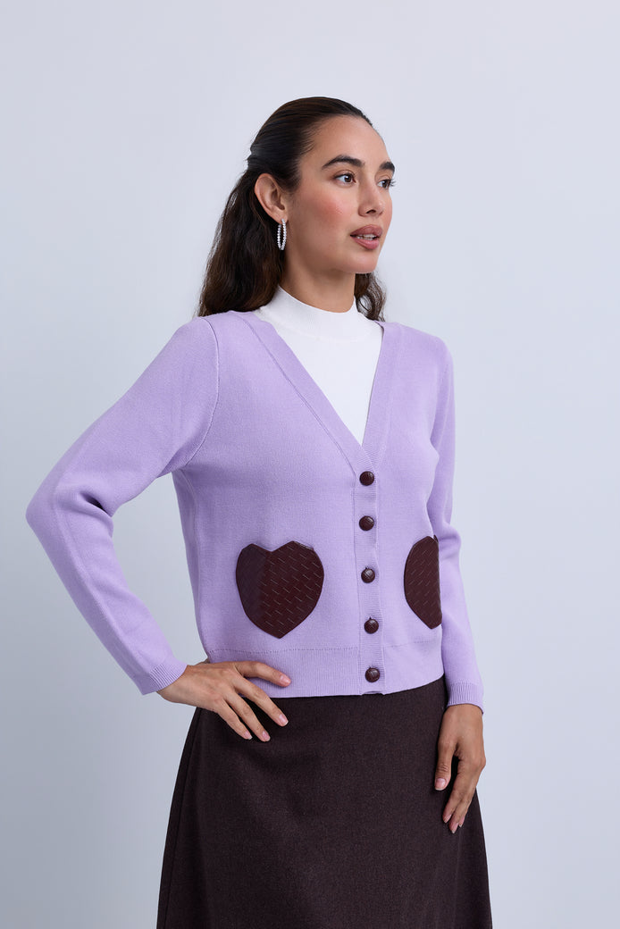 V Neck Button Front Cardigan with Weaved Heart Pockets