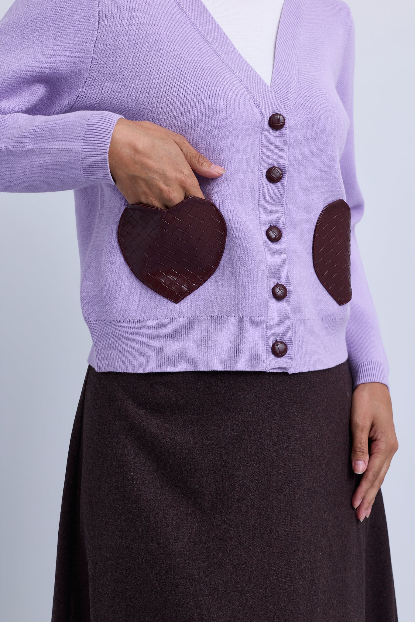 V Neck Button Front Cardigan with Weaved Heart Pockets